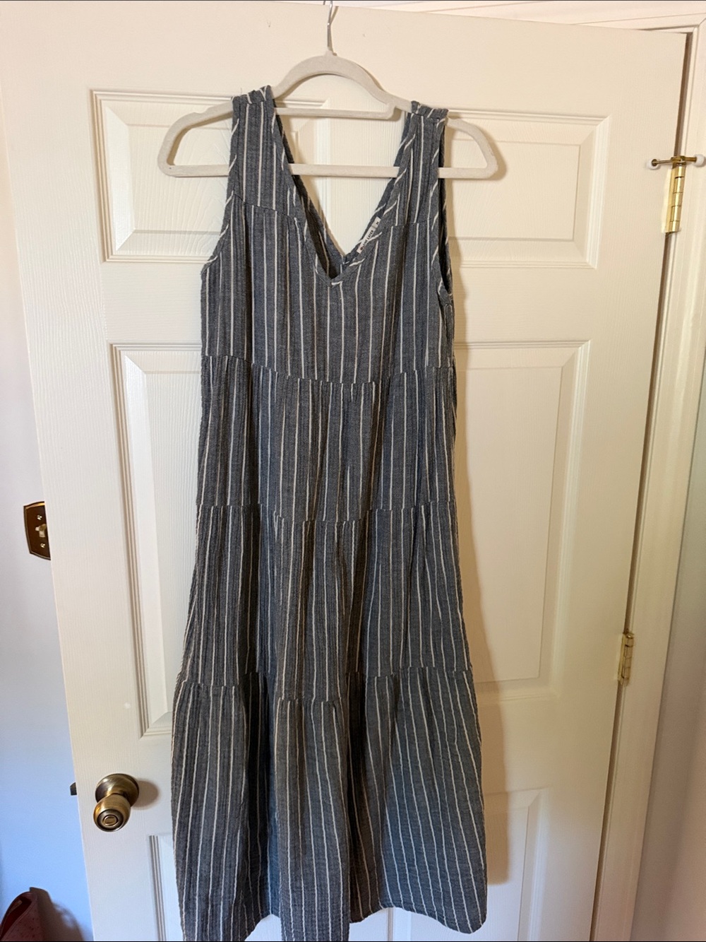Marine Layer Blue and White Striped Tiered V-Neck Maxi Dress